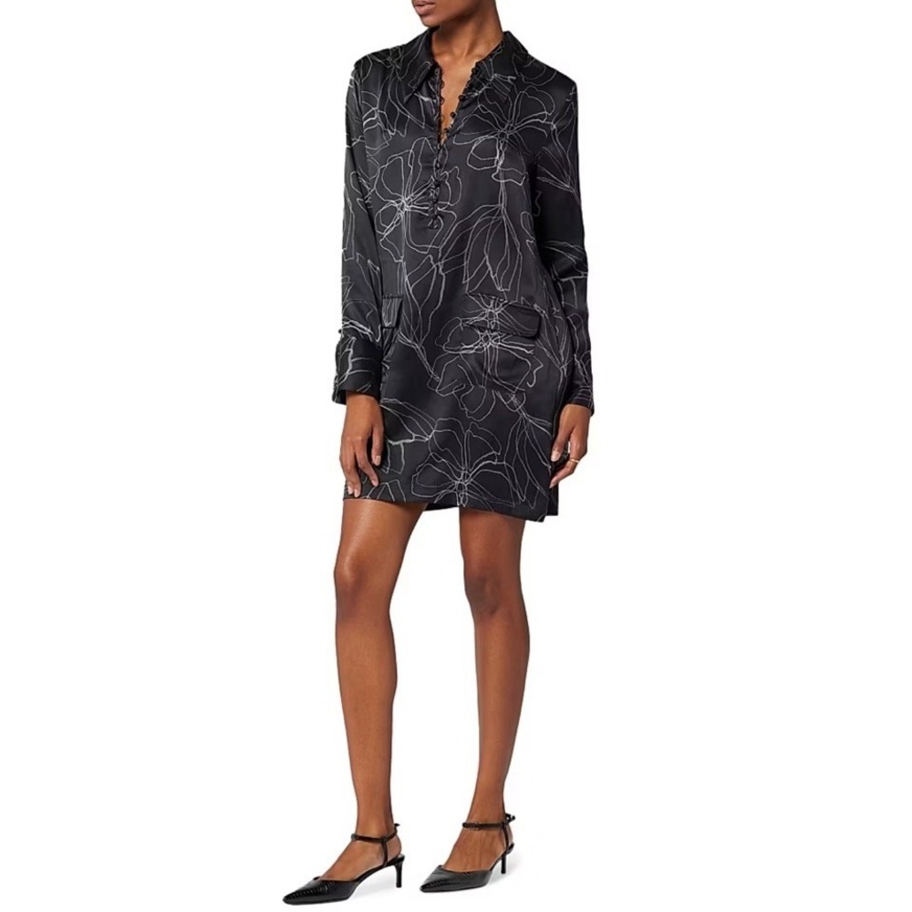 Equipment Black With Floral Print Front Buttons Elena 100% Silk Shirtdress Sz S